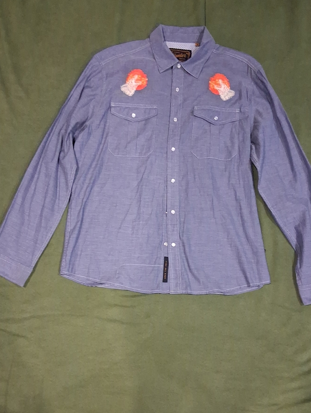 Men's Chambray Button-Down Shirt with Embroidered Howl At The moon Designs
